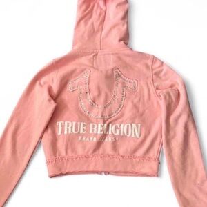 True Religion Pink Rhinestone Logo Cropped Hoodie Jacket (blue stain- 3rd pic!)